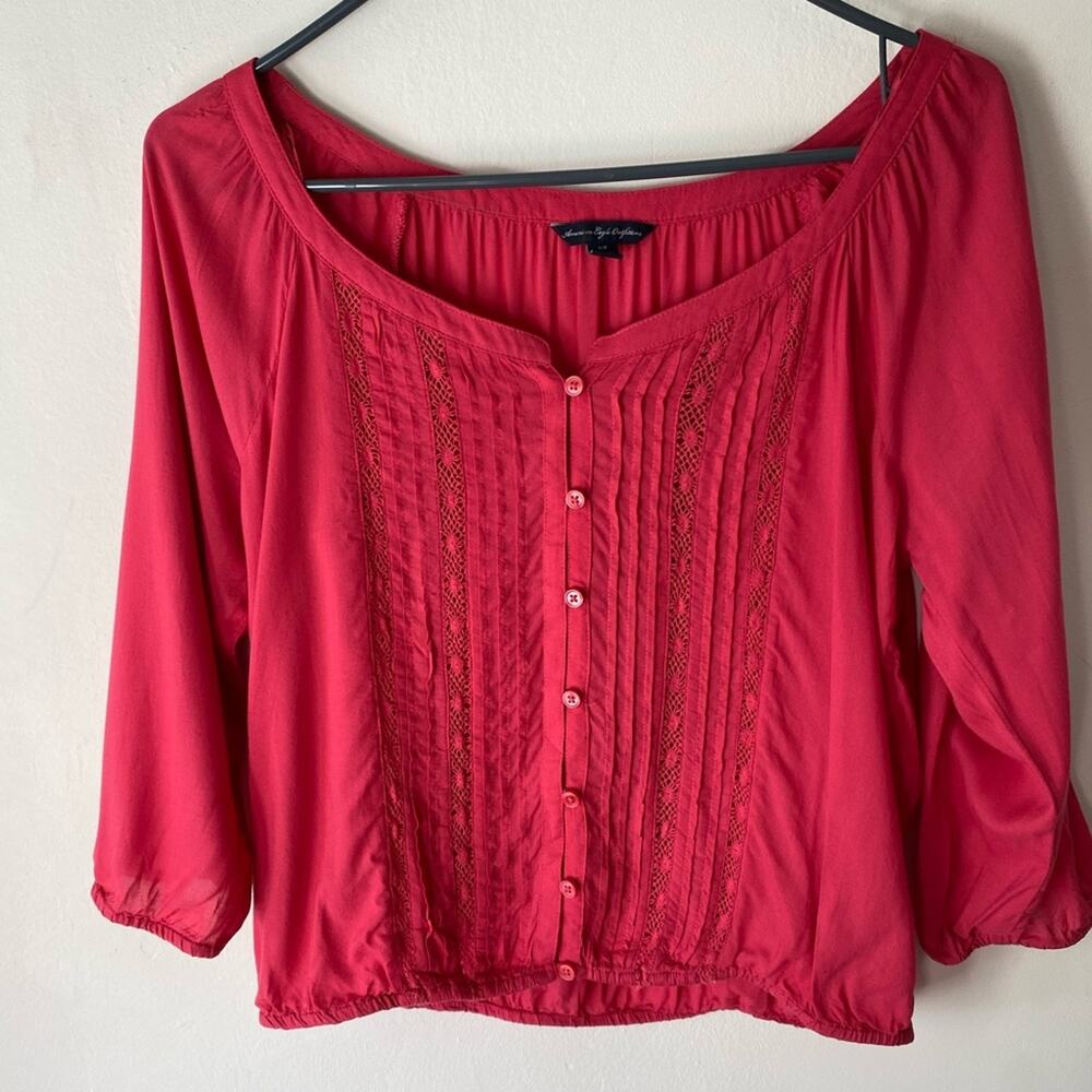 American Eagle Women’s Pink Blouse‎ SZ S Cropped Peasant Prairie Pin tucked